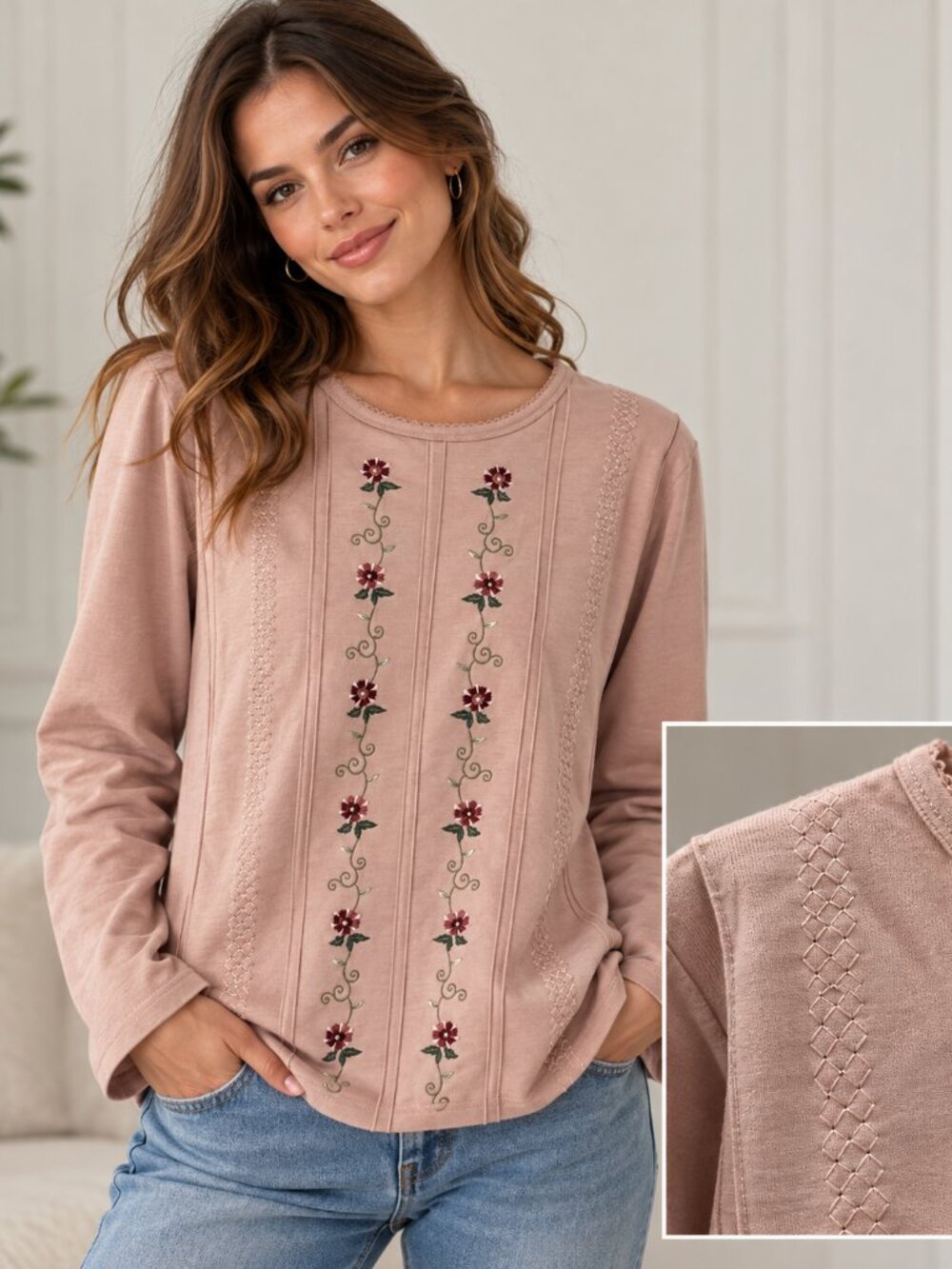 Vintage HABAND Embroidered Flowers Cottagecore Long Sleeved Shirt Top Grandma